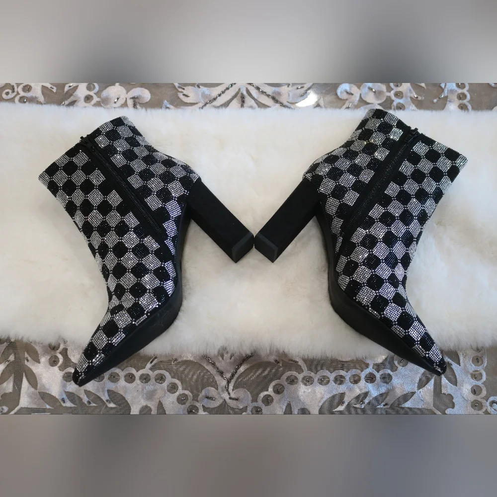 Wild Pair Ingridd Pointed Toe Bling Dress Booties, 7.5M- Black/White Checker - Picture 4 of 9